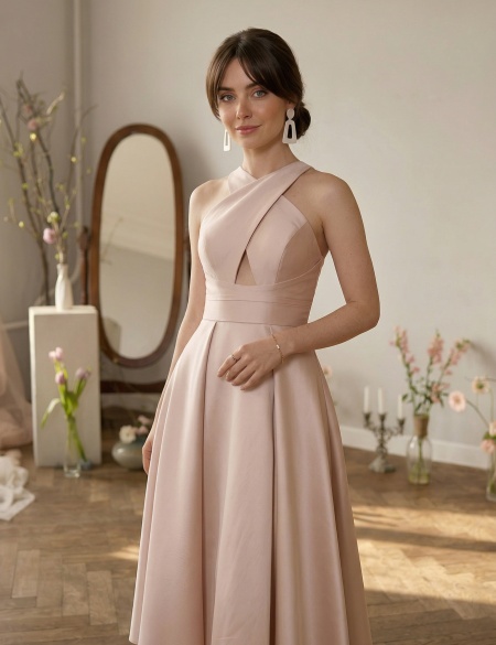 Бежевое атласное платье миди с крестом