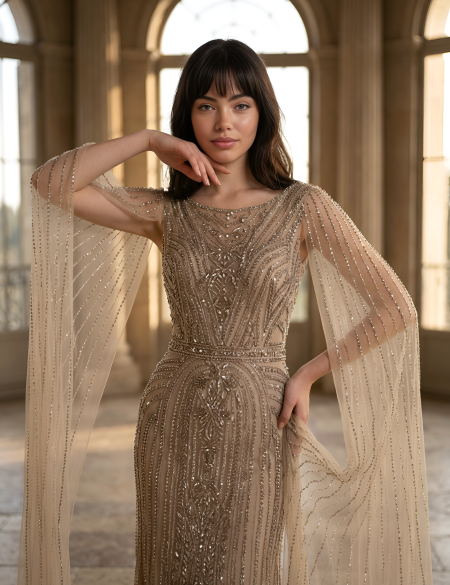 Платье из бисера и пайеток с длинными рукавами в пол